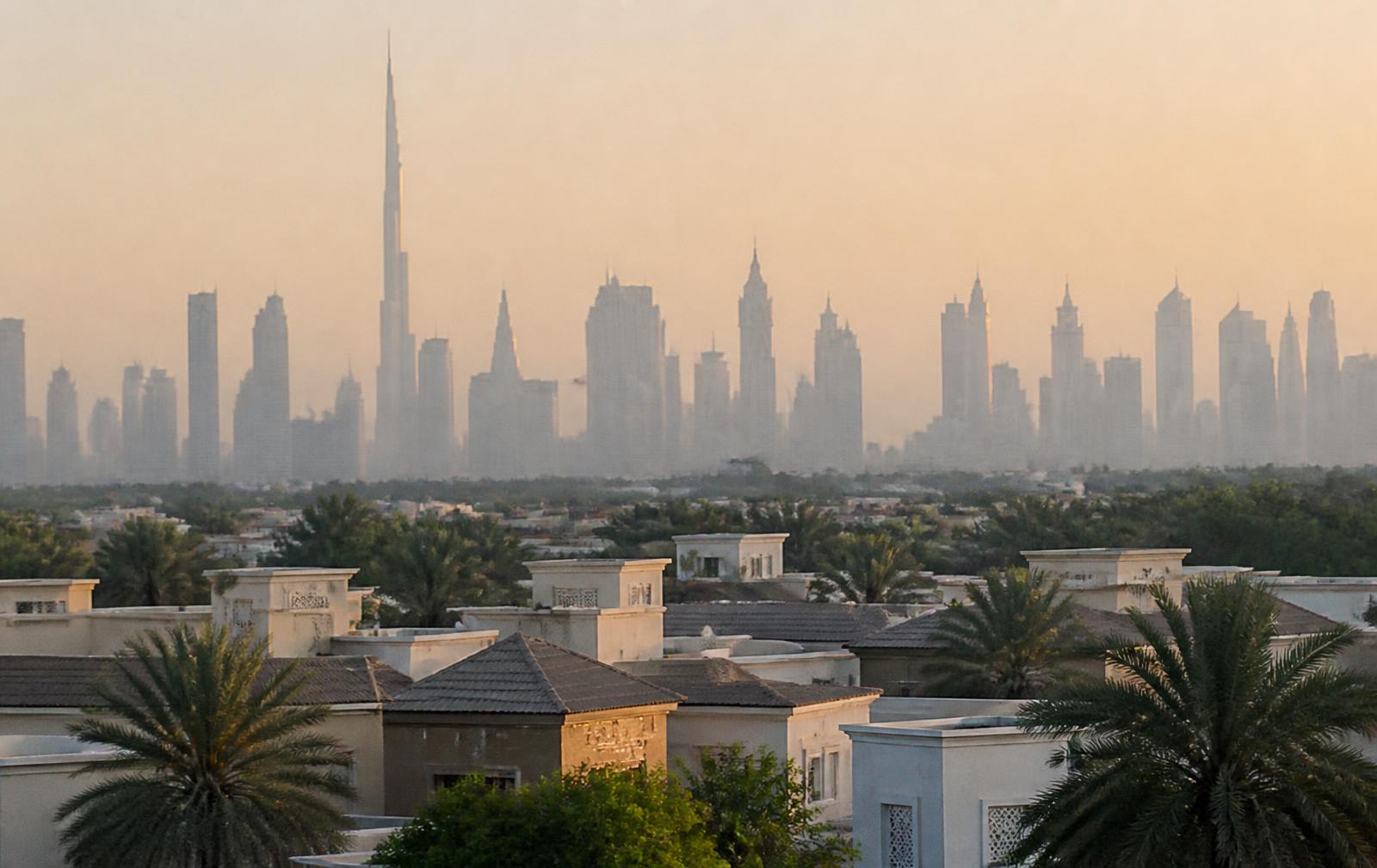 Dubai at sunrise seen from a residential neighbourhood of villas and palm trees