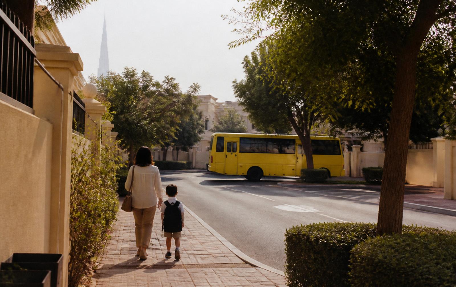 A parent and child walking to a school bus on a quiet residential street in Dubai