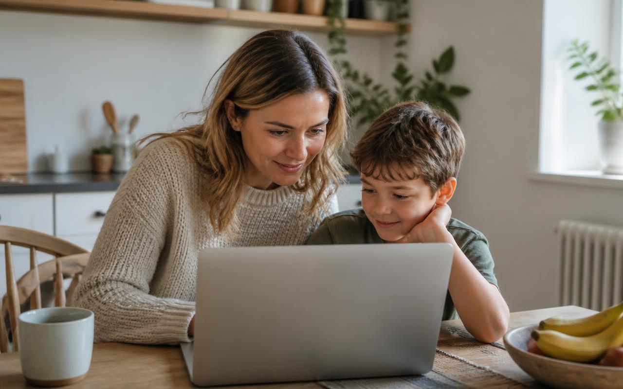 A parent and child looking at a laptop together at a kitchen table
