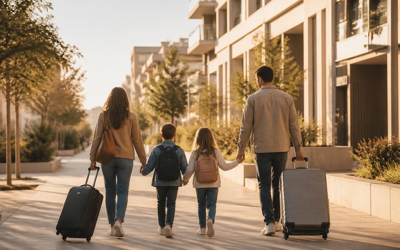 A family walking through a new city with their luggage after arriving